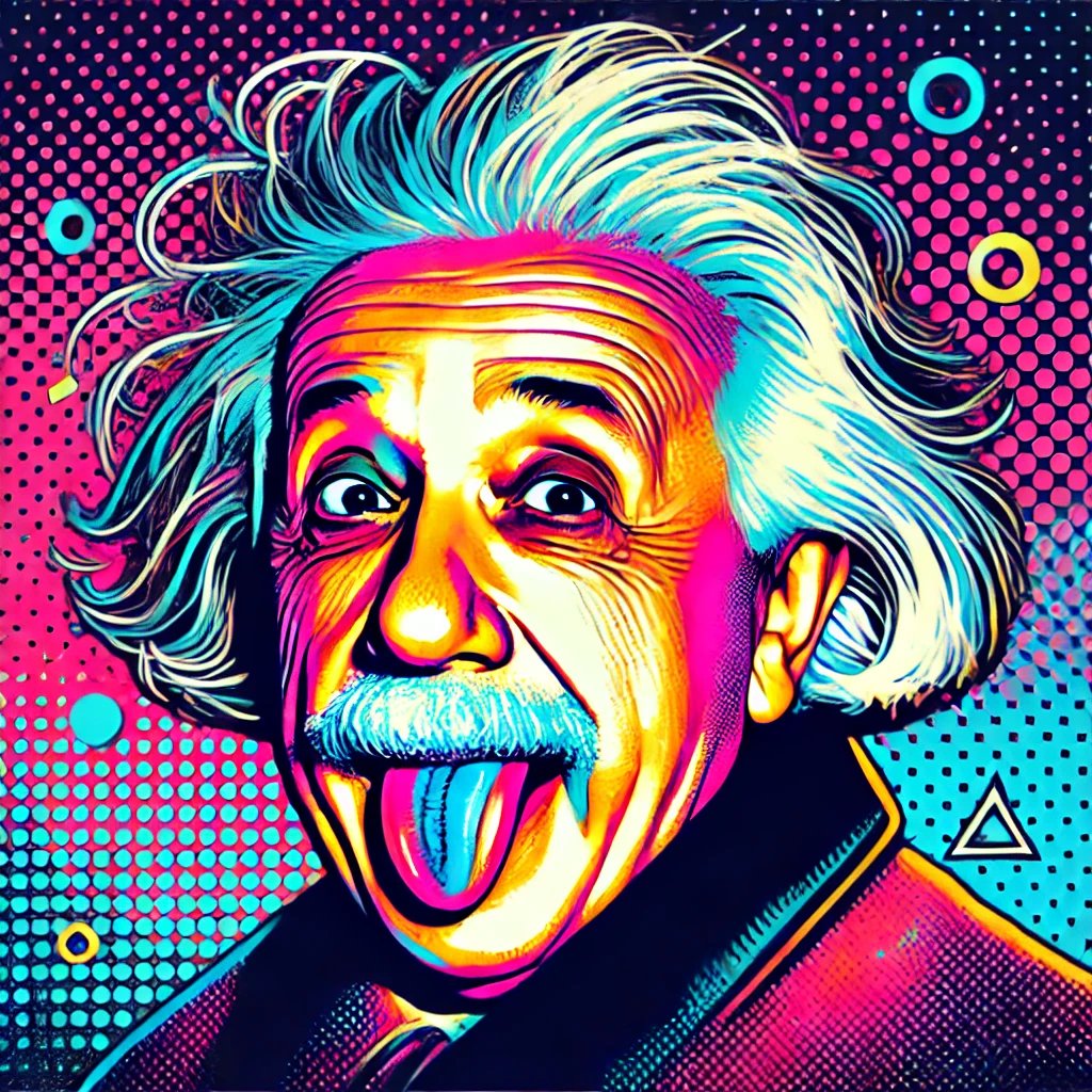 A colorful pop art portrait of Albert Einstein with wild hair and a playful tongue-out expression, surrounded by retro halftone patterns and neon geometric shapes