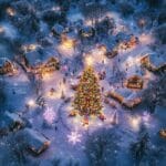 An aerial view of a snow-covered village with giant Christmas trees and festive light projections under a starry winter night.