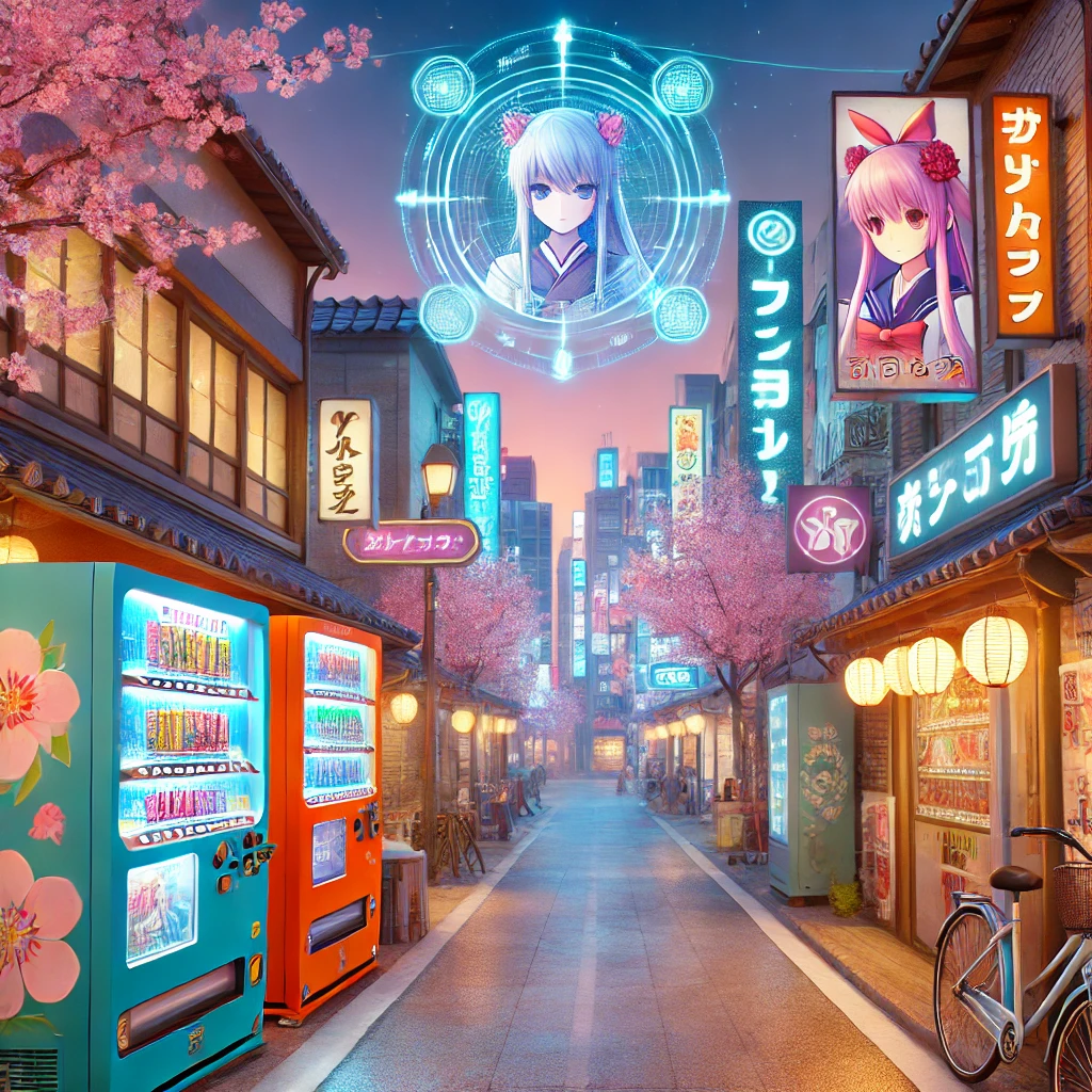 A Japanese anime-inspired urban street with colorful neon signs, vending machines, cherry blossoms, and bustling pedestrians under a warm twilight glow.