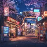 A Japanese anime-style city street with neon lights, vending machines, cherry blossom trees, and a bustling, lively atmosphere under a twilight sky.