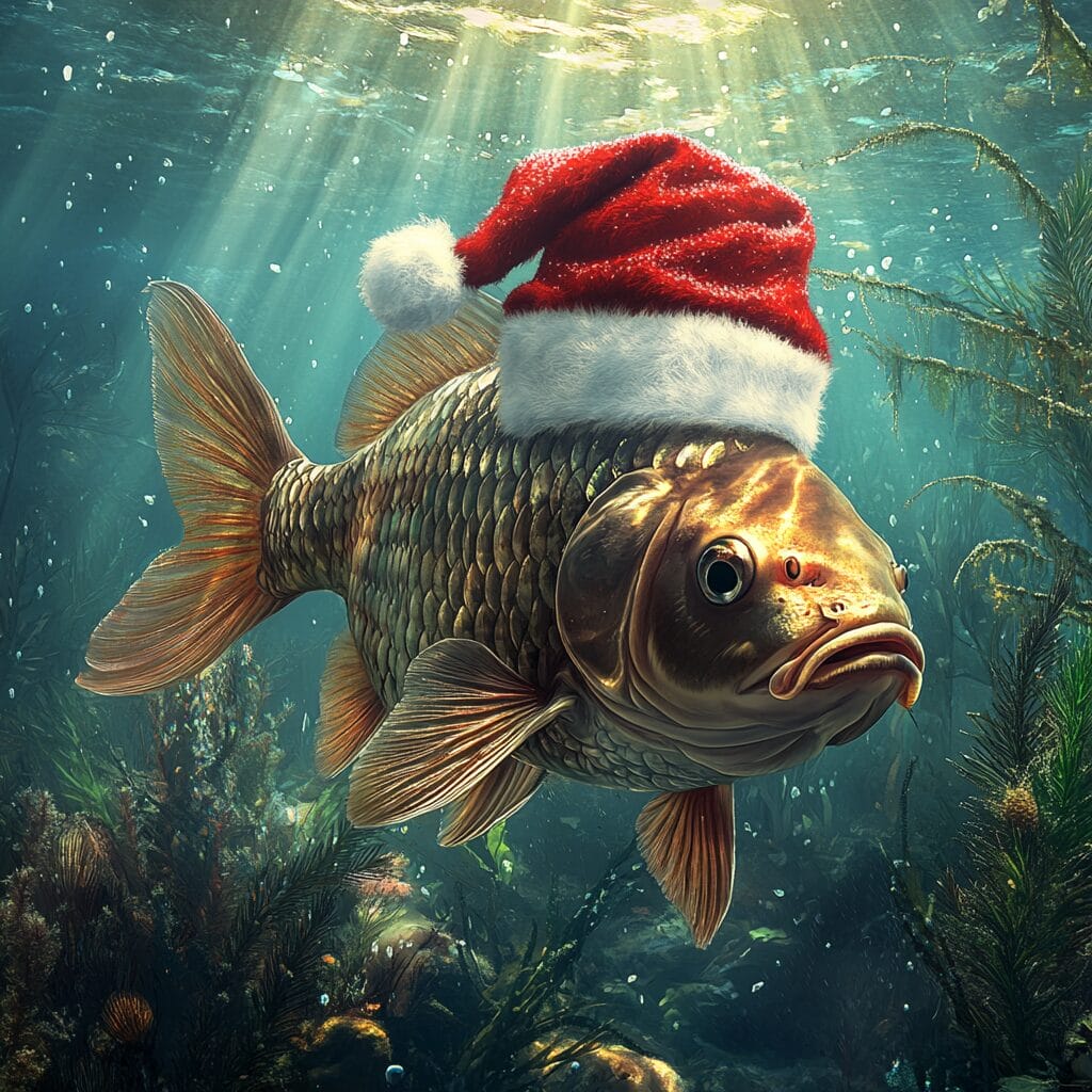 A lifelike underwater depiction of a carp wearing a Santa hat amidst vibrant aquatic plants, with sunlight filtering through water and delicate bubbles.