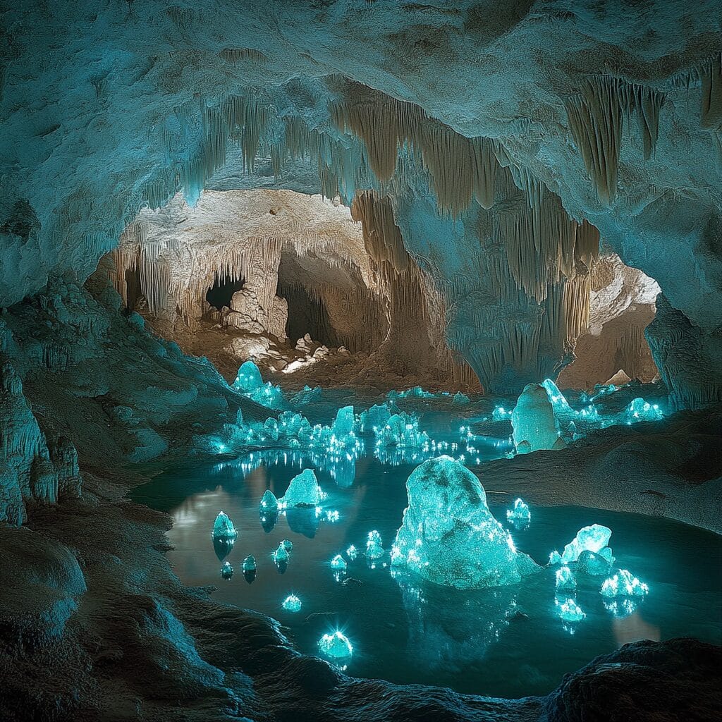 A mysterious cave illuminated by glowing blue crystals, with shimmering water pools, stalactites, stalagmites, and thin beams of sunlight filtering through cracks, creating an ethereal atmosphere.