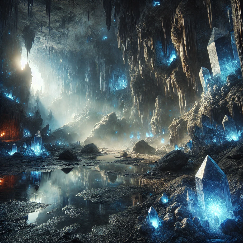 A hyper-realistic image of a mysterious cave featuring glowing blue crystals, shimmering pools of water, intricate stalactites, and mist, with sunlight filtering through cracks to create a magical ambiance.