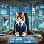 A sophisticated cat in a tailored suit, acting as a tech CEO, surrounded by futuristic gadgets and holographic displays in a high-rise office.