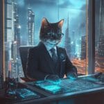 A cat dressed as a tech CEO, seated at a futuristic desk with holographic screens and gadgets, in a high-rise office overlooking a glowing cityscape.