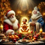 A festive Christmas party with Santa, Father Frost, and Baby Jesus around a beautifully decorated table.