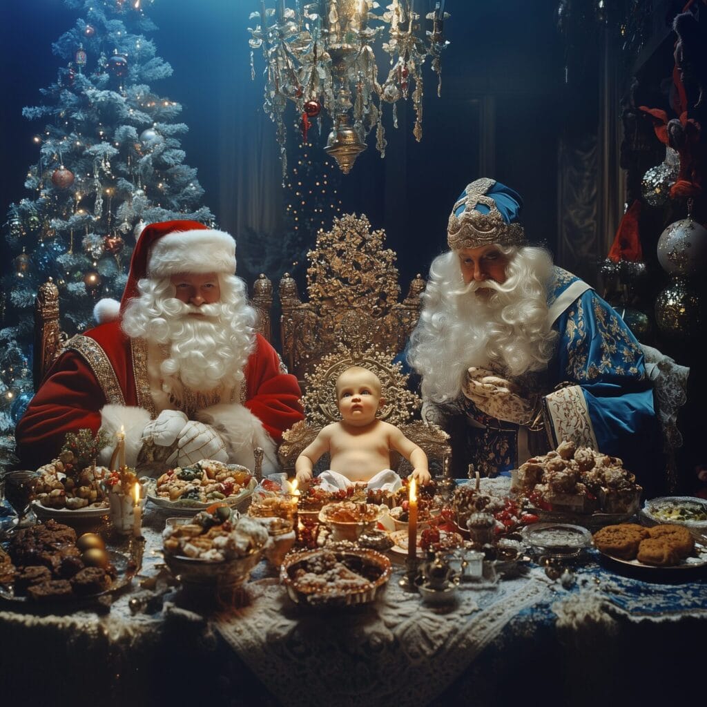 A festive Christmas party with Santa, Father Frost, and Baby Jesus around a beautifully decorated table.