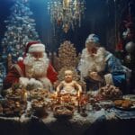 A festive Christmas party with Santa, Father Frost, and Baby Jesus around a beautifully decorated table.