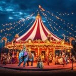 A vibrant circus scene with a red and white big top tent, performers including a ringmaster, trapeze artists, clowns, and an elephant, set under a twilight sky with glowing lanterns and cheering spectators.