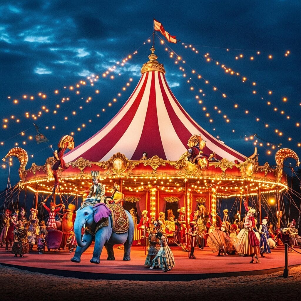 A vibrant circus scene with a red and white big top tent, performers including a ringmaster, trapeze artists, clowns, and an elephant, set under a twilight sky with glowing lanterns and cheering spectators.