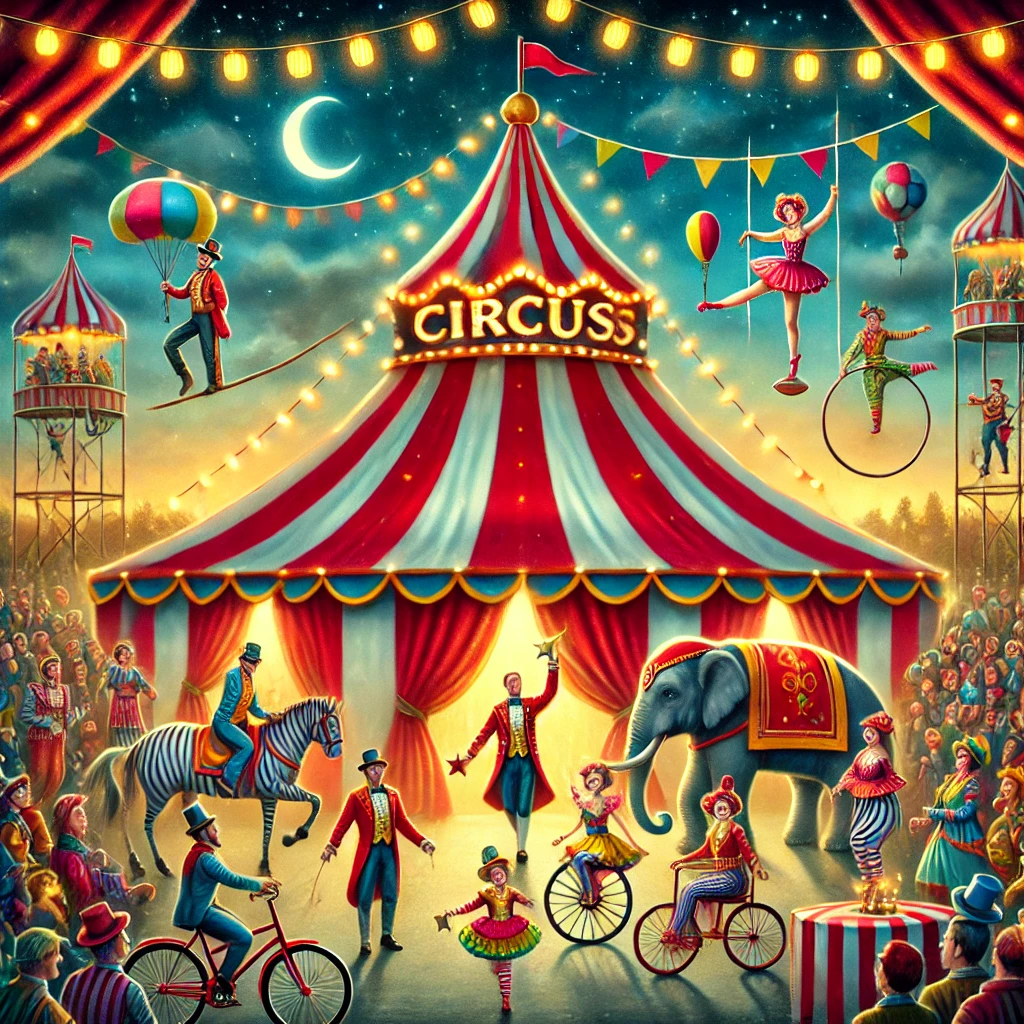 A colorful circus scene featuring a big top tent, performers like a ringmaster, acrobats, clowns, and an elephant, illuminated by lanterns and set against a twilight sky.