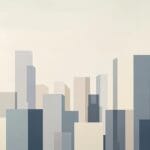 A minimalist urban skyline made of overlapping rectangles in muted gray and beige tones on a gradient background.