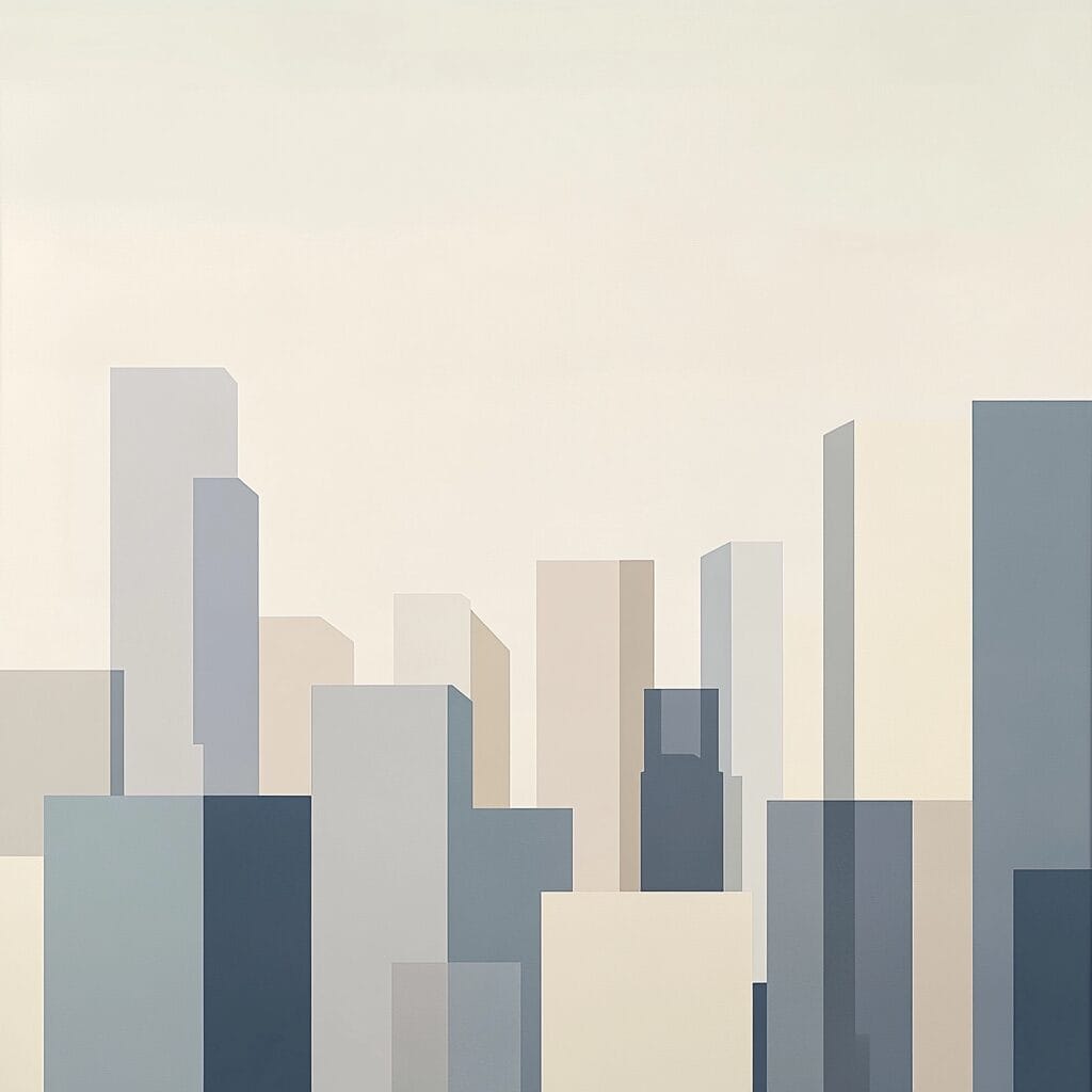 A minimalist urban skyline made of overlapping rectangles in muted gray and beige tones on a gradient background.