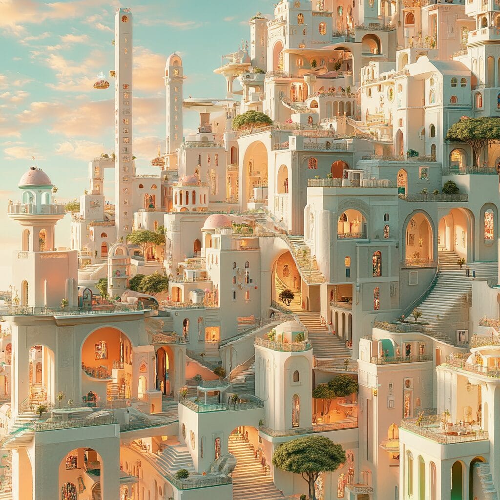 A surreal city built on interlocking impossible cubes, with miniature cities inside each cube, glowing in golden light.