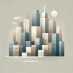 A minimalist cityscape with overlapping rectangles in muted tones, set against a light gradient background.