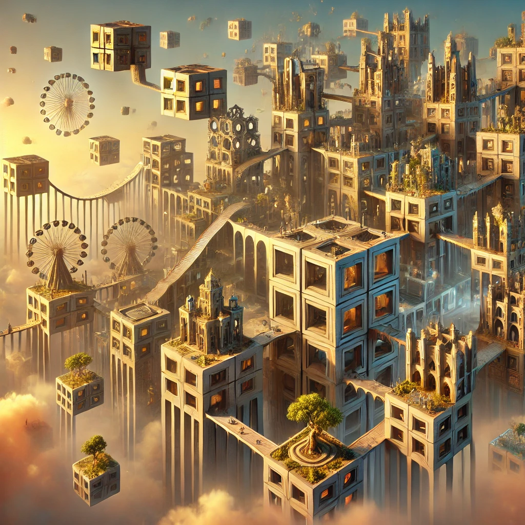 A surreal cityscape made of interlocking impossible cubes, each containing miniature cities, with golden light and a dreamy sky.