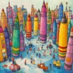 A colorful city built entirely from giant crayons, with rainbow skyscrapers, wax streets, and playful characters drawing patterns on the ground under a sunny sky.