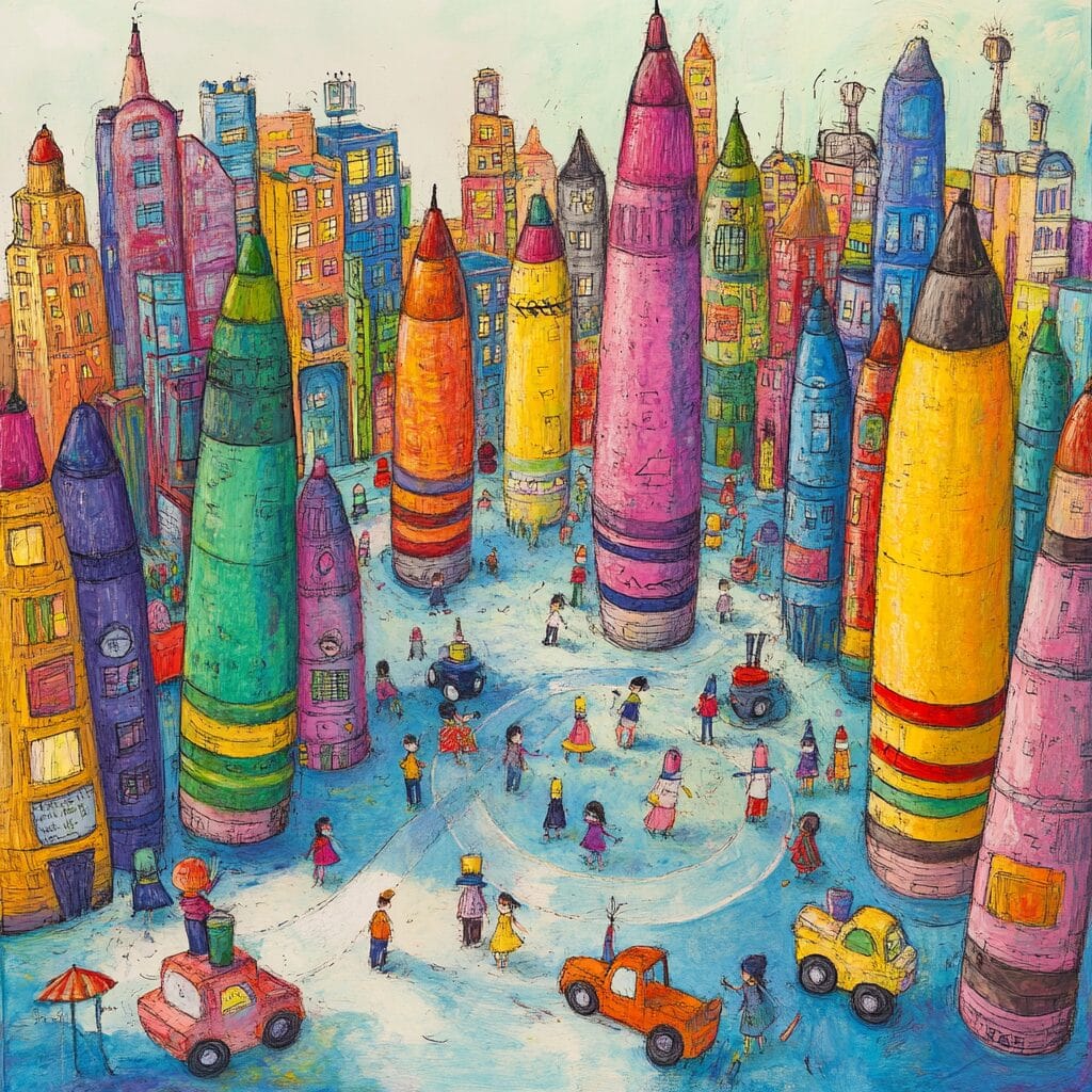 A colorful city built entirely from giant crayons, with rainbow skyscrapers, wax streets, and playful characters drawing patterns on the ground under a sunny sky.