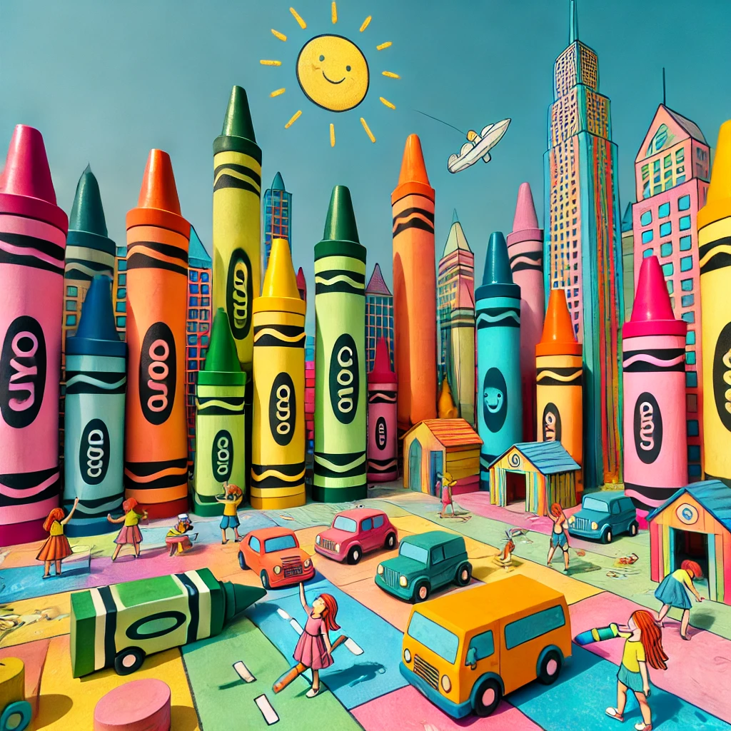 A vibrant city constructed from giant crayons, featuring colorful crayon skyscrapers, wax streets, and playful children drawing in a cheerful, sunny setting.