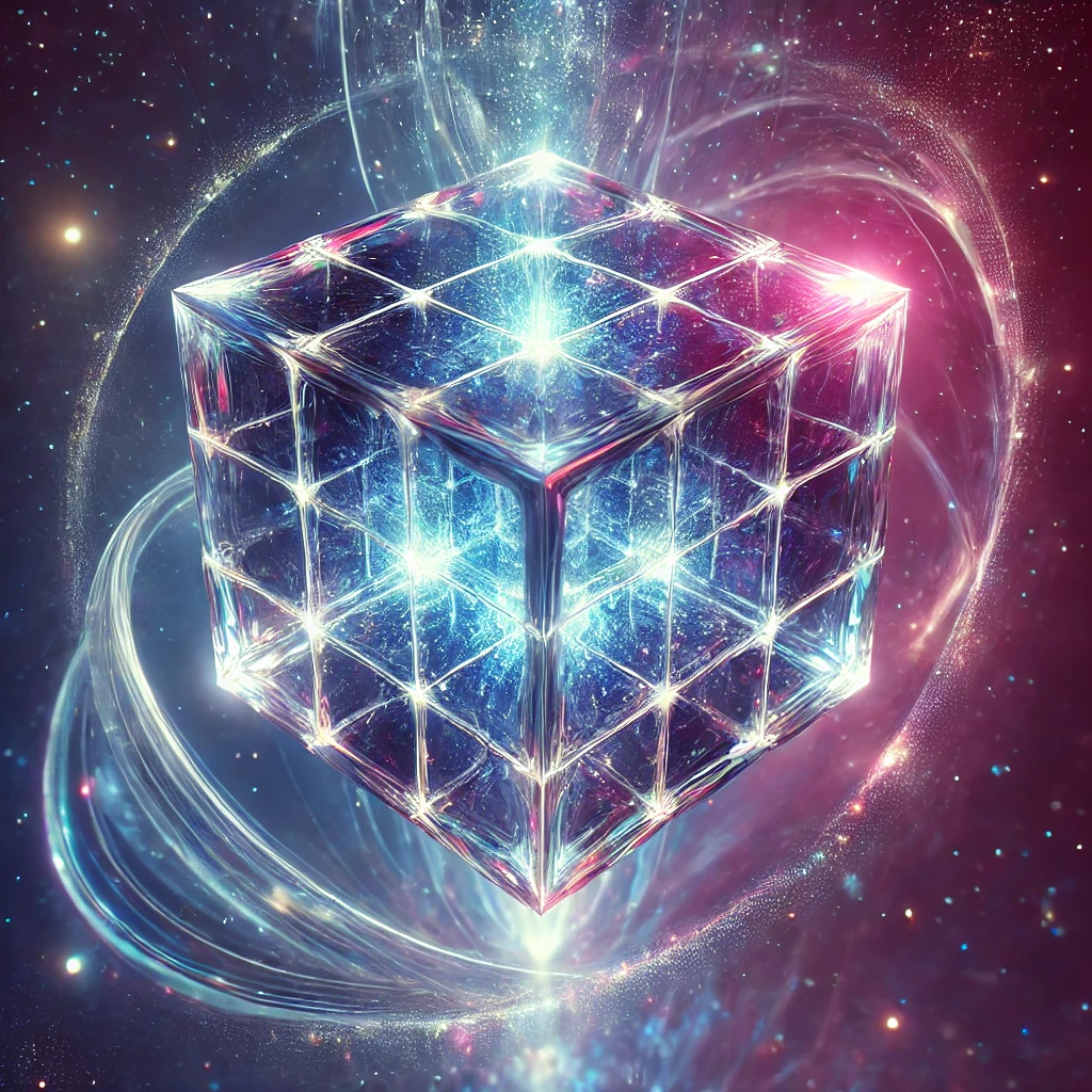 A glowing, rotating tesseract with reflective surfaces, shifting colors, and surrounded by a luminous aura in a cosmic void.