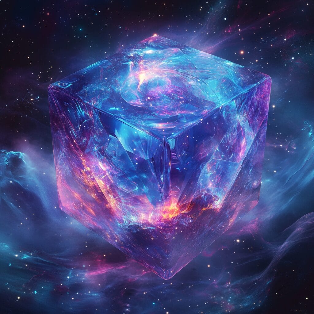 A glowing, morphing tesseract surrounded by an ethereal aura in a cosmic void with stars and swirling light trails.