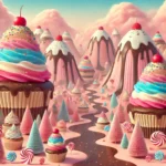 A surreal world of cupcake mountains with frosting and sprinkles, chocolate rivers, candy trees, and a pink sky filled with cotton candy clouds.