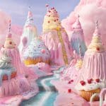 A whimsical landscape of giant cupcake mountains with frosting peaks, chocolate rivers, candy cane trees, and a pink sky with cotton candy clouds.