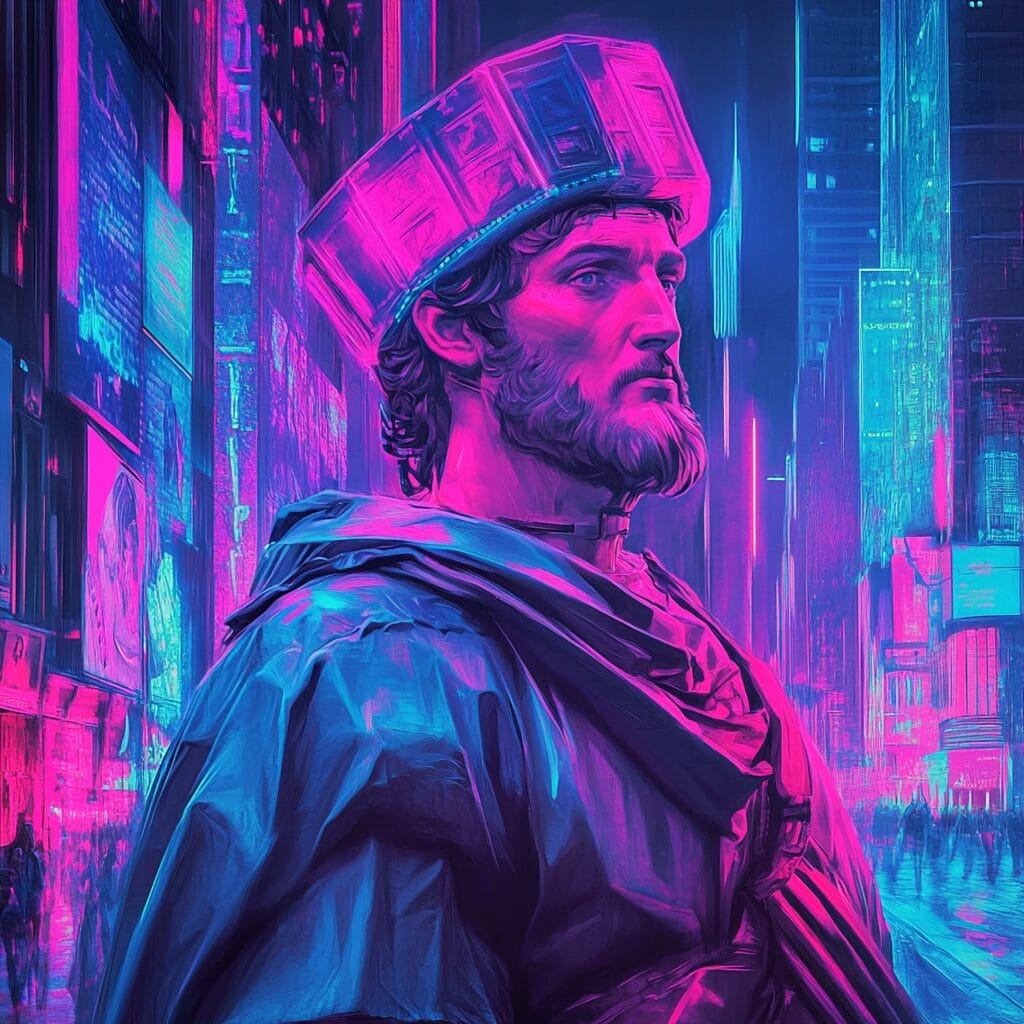 A classical painting reimagined in cyberpunk style, with neon accents, holographic elements, and a futuristic cityscape in the background.