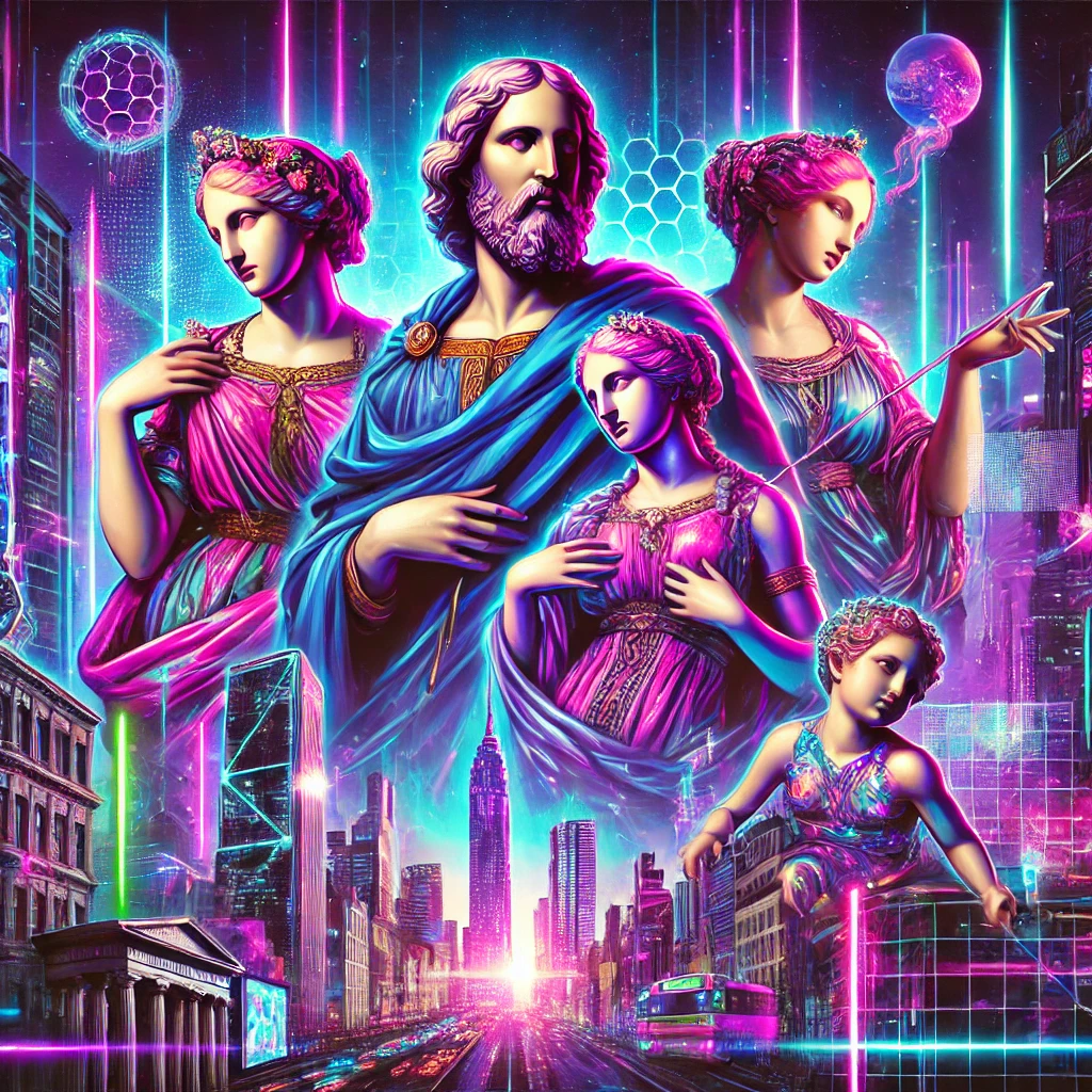 A classical masterpiece reinterpreted with a cyberpunk aesthetic, featuring neon lights, futuristic attire, and a glowing cityscape backdrop.