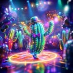 A lively cactus wearing a tiny hat and bow tie, dancing on a colorful dance floor with neon spines glowing under a disco ball, surrounded by cheering anthropomorphic plants.