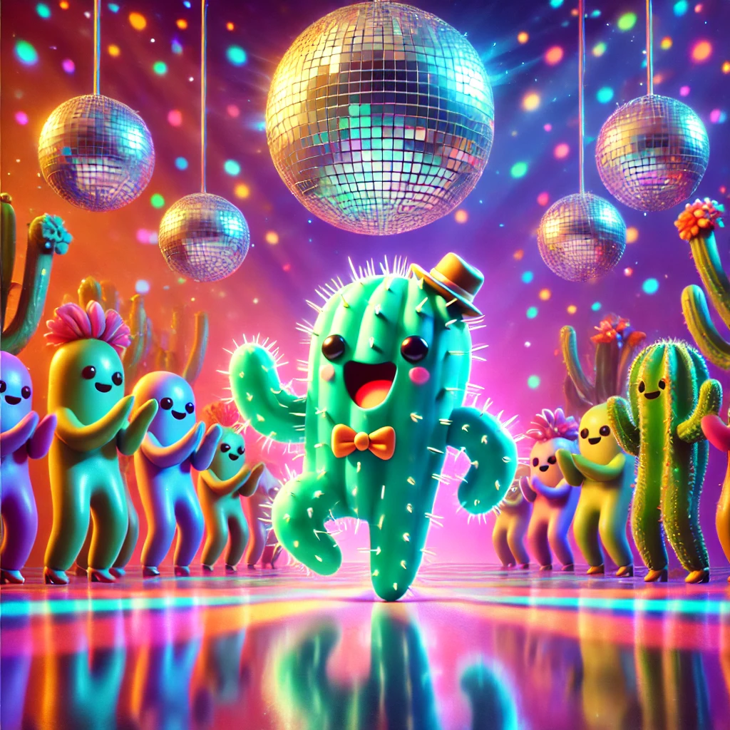 A whimsical cactus with neon glowing spines, wearing a tiny hat and bow tie, joyfully dancing on a colorful dance floor with a disco ball above.