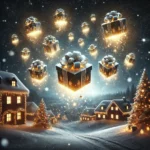 Christmas gifts flying across a starry night sky, glowing with magical light trails above a snowy village.