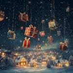 A magical scene of glowing Christmas gifts flying through the sky like falling stars above a snowy village.