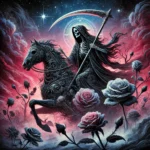 Death, grim reaper, horse, roses, DALL-E