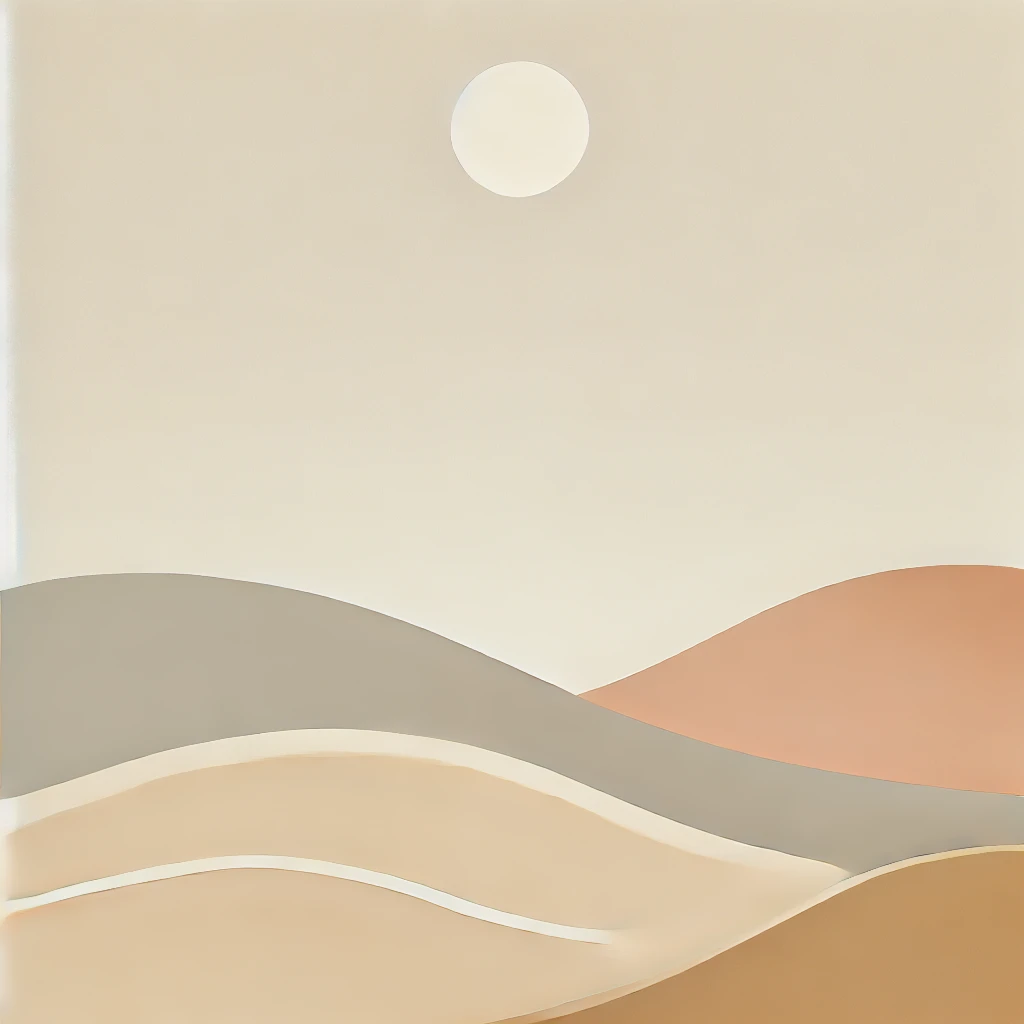 A minimalist rendering of desert dunes with curved lines and a muted beige palette, set against a gradient sky.