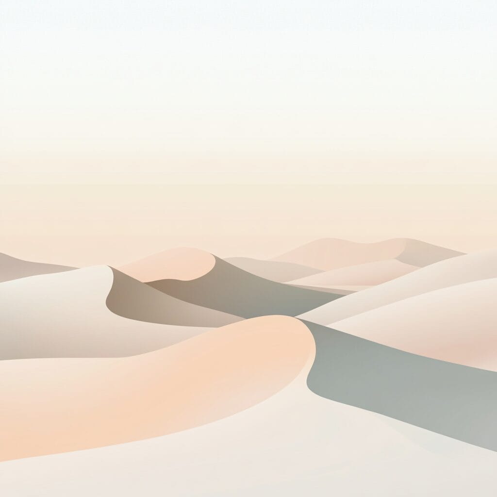 A minimalist illustration of desert dunes with clean, flowing lines in muted beige tones under a soft, pale sky.