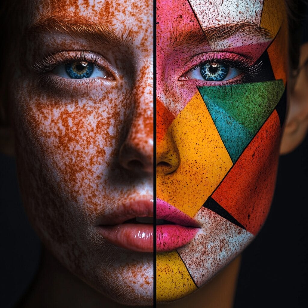 A face split into two styles: one realistic and lifelike, the other abstract with geometric shapes and vibrant colors.