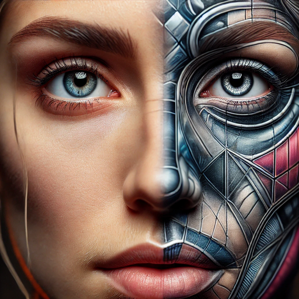 A hyper-realistic portrait of a face split into realistic detail on one side and abstract geometric art on the other.