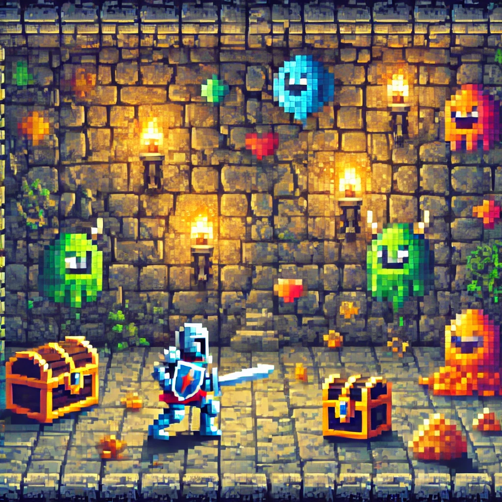 A pixelated dungeon scene with a hero fighting monsters, glowing torches, and treasure chests in a retro RPG style.