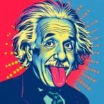 A vibrant pop art-style portrait of Albert Einstein, featuring his wild hair and playful expression with his tongue sticking out, rendered in bold neon colors and retro comic book aesthetics