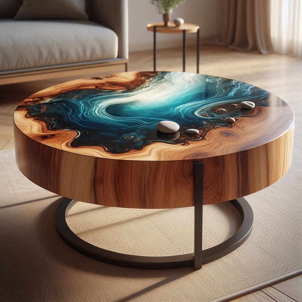 Epoxy resin table, wood, ocean, DALL-E