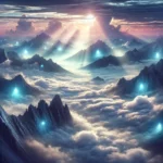 A mountain range wrapped in clouds, with glowing, otherworldly lights shining from valleys and mist filling the atmosphere.