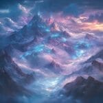 Majestic mountains surrounded by clouds, with glowing lights illuminating the valleys below in a magical, surreal scene.