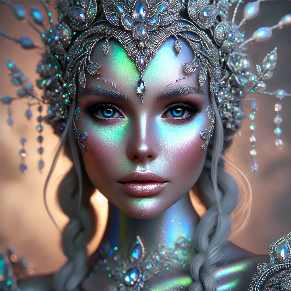 A photorealistic portrait of a mystical queen with glowing features, ornate headdress, and luminous, otherworldly details.