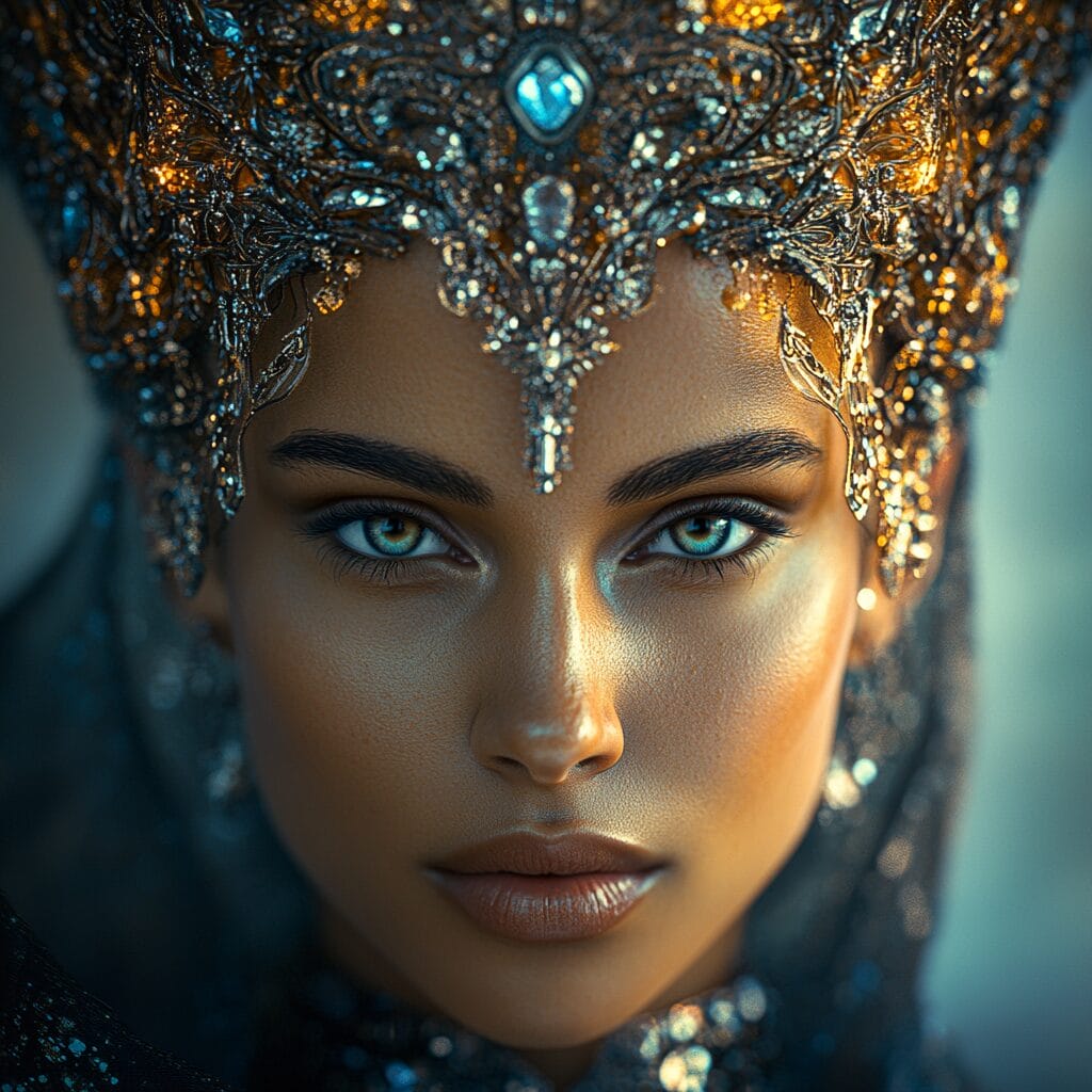 A hyper-realistic portrait of a mystical queen with a glowing headdress, luminous skin, and captivating, otherworldly eyes.