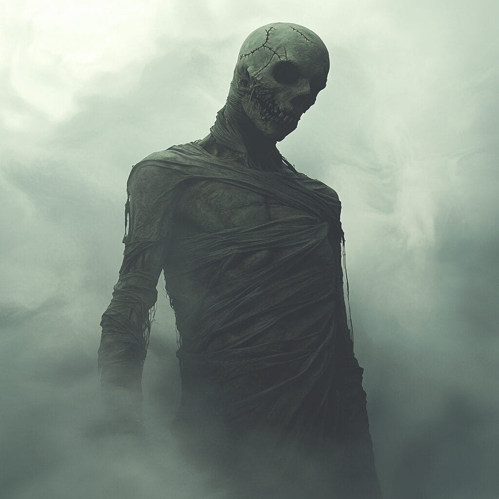 A tall figure with hollow eye sockets and a stitched smile lurking in dense mist, partially obscured by fog.