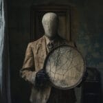 A faceless figure in a tattered vintage suit holding a cracked mirror, standing in a dimly lit, shadowy room.