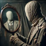 A ghostly figure in a tattered suit with no face, holding a cracked mirror in a dimly lit room with haunting shadows.