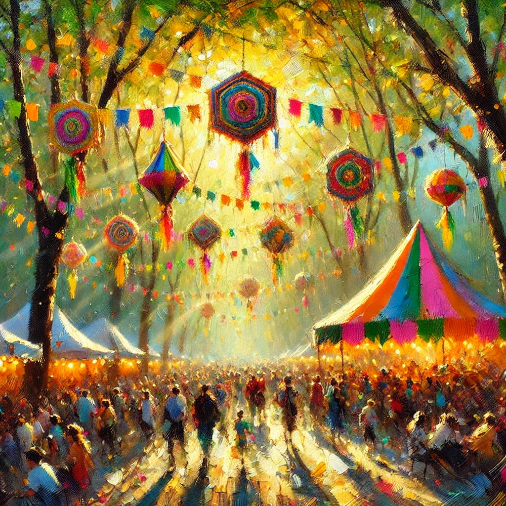 A lively festival in a park with colorful tents, blurred motion, and golden sunlight, painted in an Impressionist style.