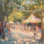 A colorful festival in a park with vibrant tents, blurred moving figures, and golden sunlight creating dappled shadows.